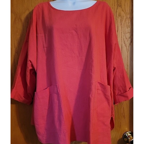 Jones New York Top Womens 1X Plus Red 3/4 Sleeve Linen Blend Pullover Blouse - Picture 5 of 10